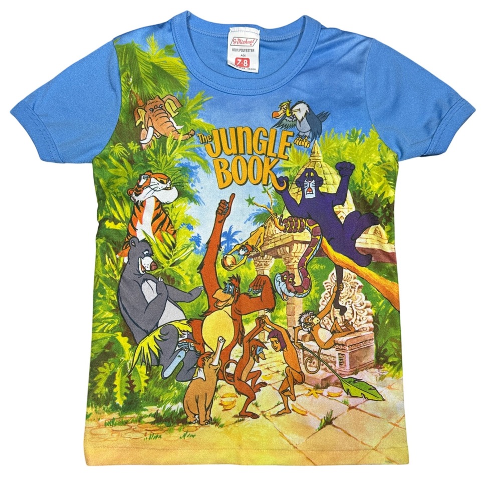 RARE 80s VTG St Michael Disney The Jungle Book Blue AOP T-Shirt Kids Age 7-8 UK
